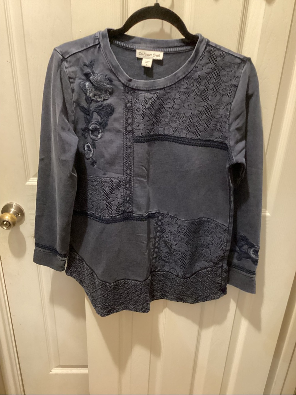 Coldwater Creek Girls' Slate Blue Lace & Embroidered Long-Sleeve Top